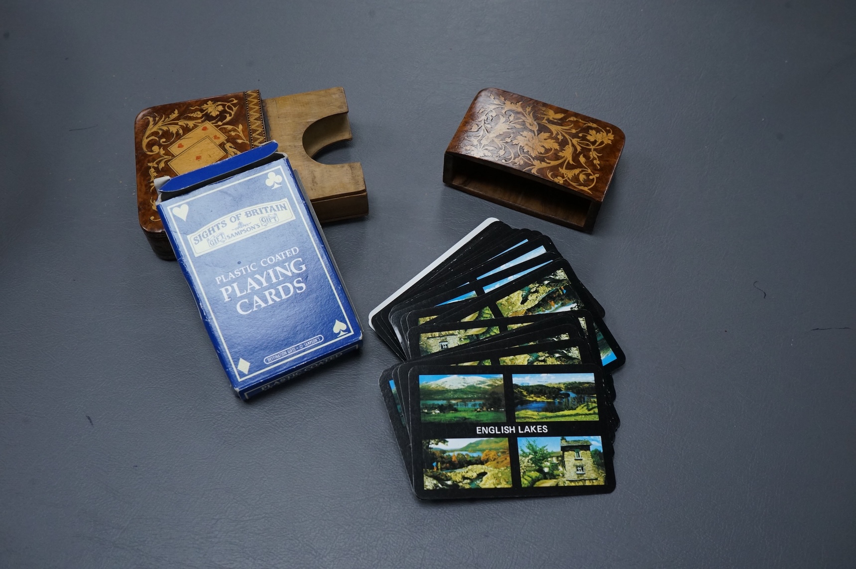 An Italian Sorrento ware playing card case, 12cm high